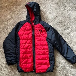 Boys xl under armour winter jacket. Black and red